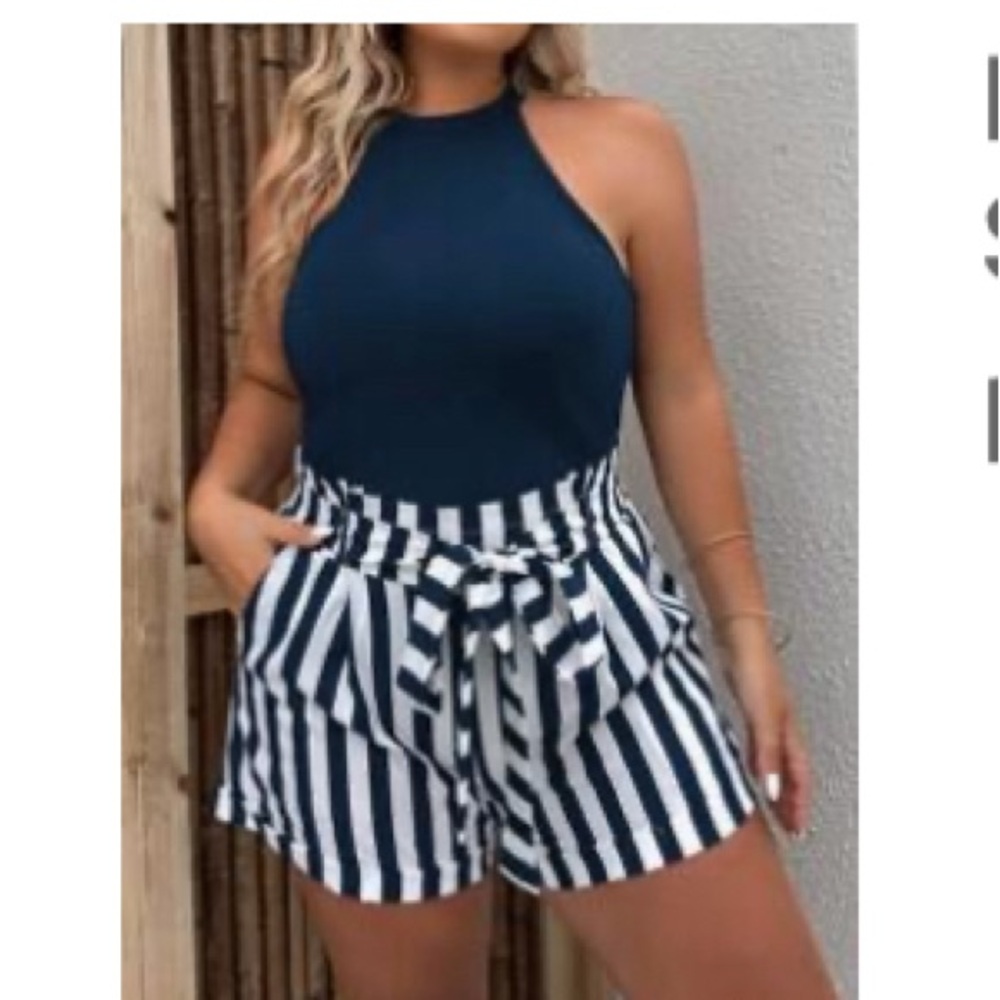 EMERY ROSEPlus Solid Halter Top & Striped Print Paperbag Waist Belted Shorts - Picture 1 of 1